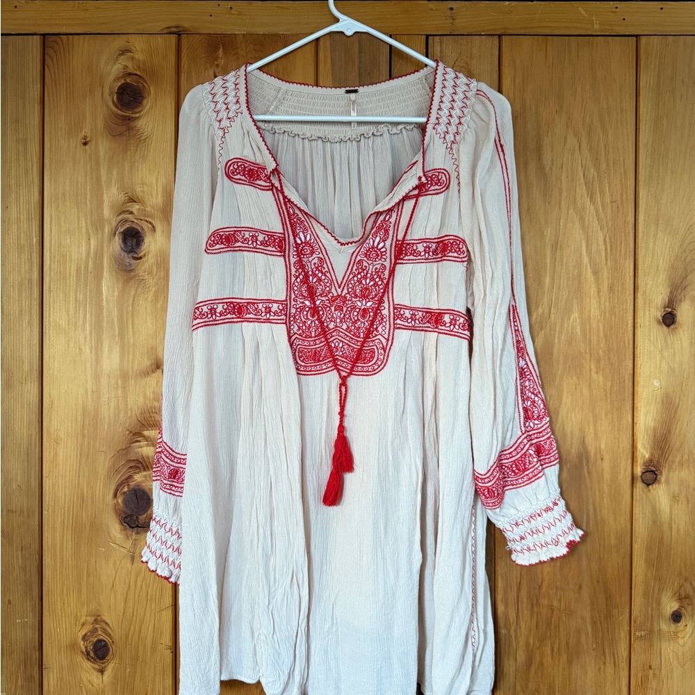 Free People Embroidered Red and White Bohemian Top size small